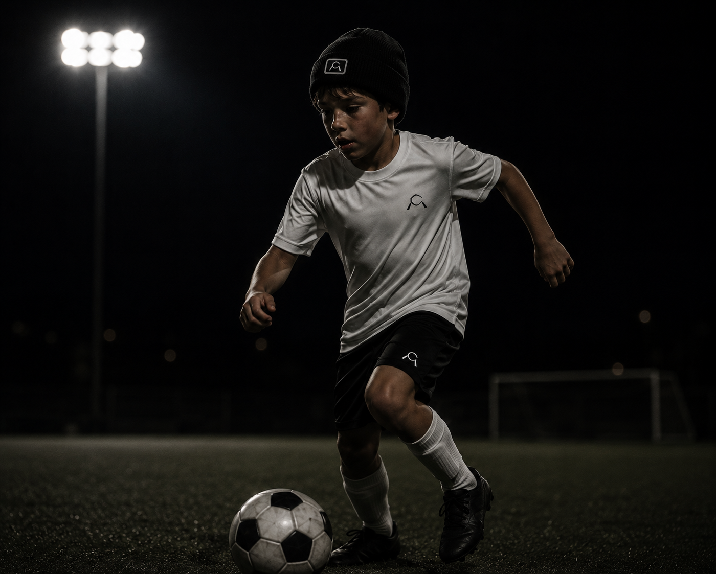 Kid playing soccer at night